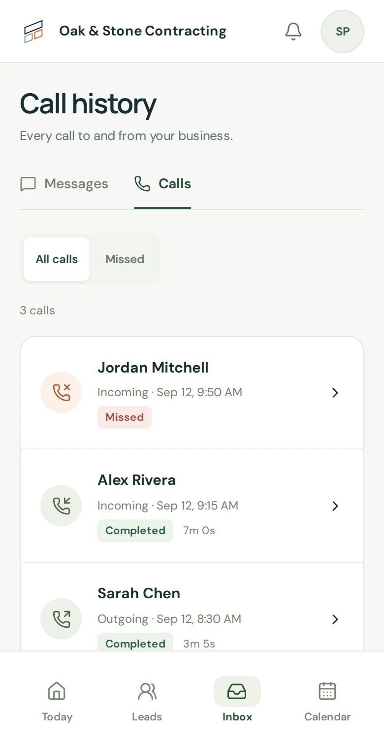 BRIX mobile call history showing missed, incoming, and outgoing customer calls.