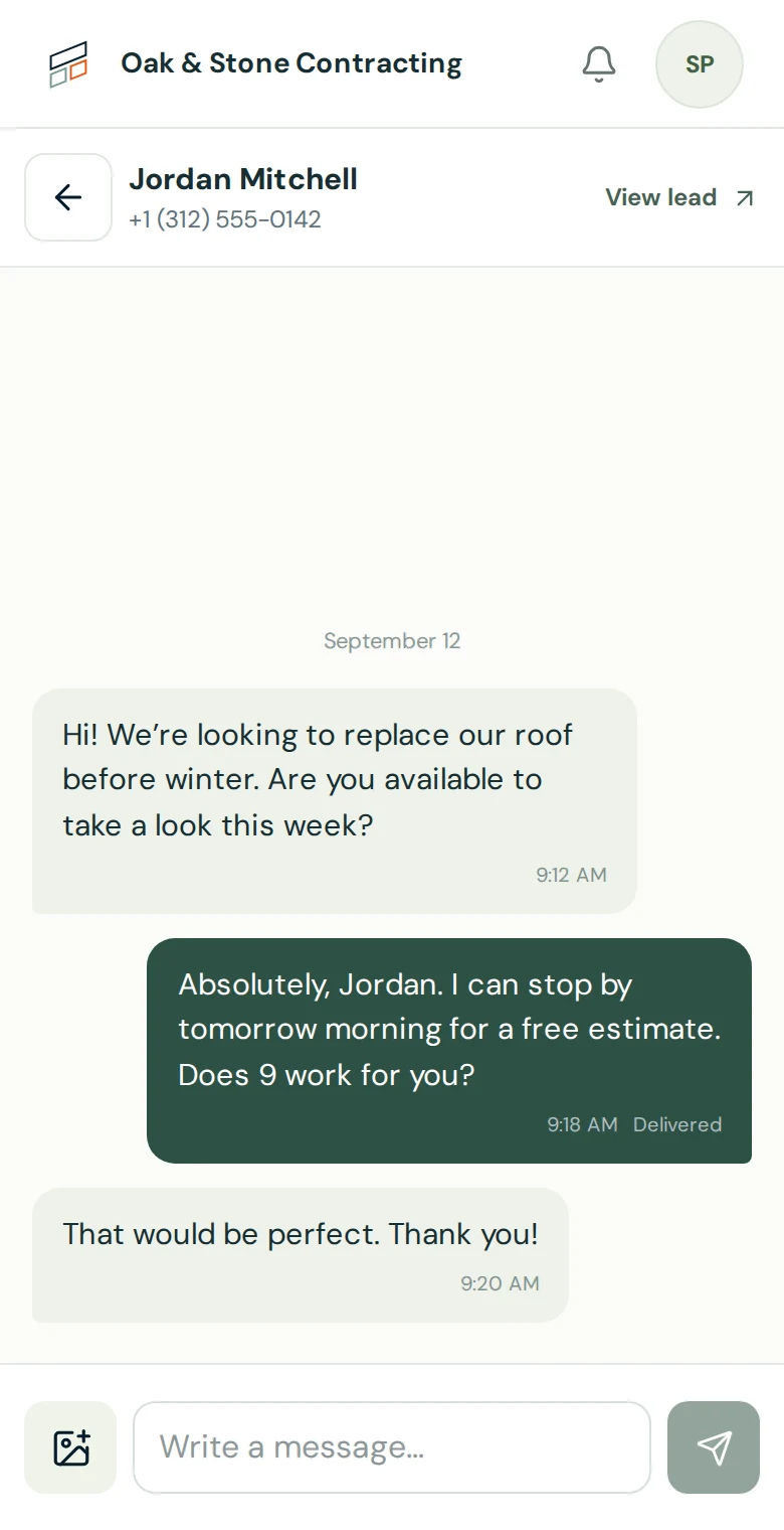 BRIX mobile messages showing a homeowner asking about a roof replacement and arranging an estimate.